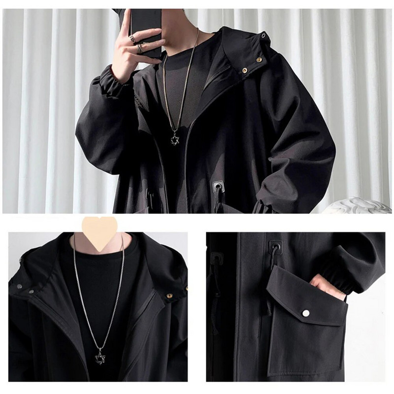 Pikk Trench-mantli jakk meestele Sügisene kevadine hip-hop Jaapani mantlid Tänavarõivad Meeste kapuutsiga Armee vabaaja jakid Kardigan