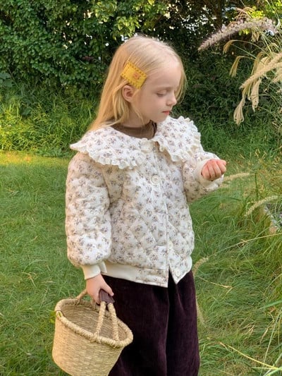 HoneyCherry dievčenské zimné nové módne prešívané bavlnené oblečenie, roztomilé kvetinové teplé bavlnené oblečenie