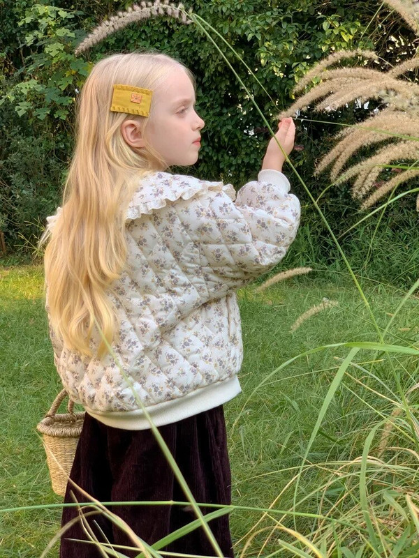 HoneyCherry dievčenské zimné nové módne prešívané bavlnené oblečenie, roztomilé kvetinové teplé bavlnené oblečenie