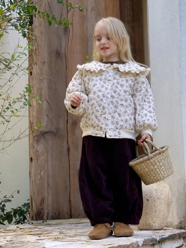 HoneyCherry dievčenské zimné nové módne prešívané bavlnené oblečenie, roztomilé kvetinové teplé bavlnené oblečenie