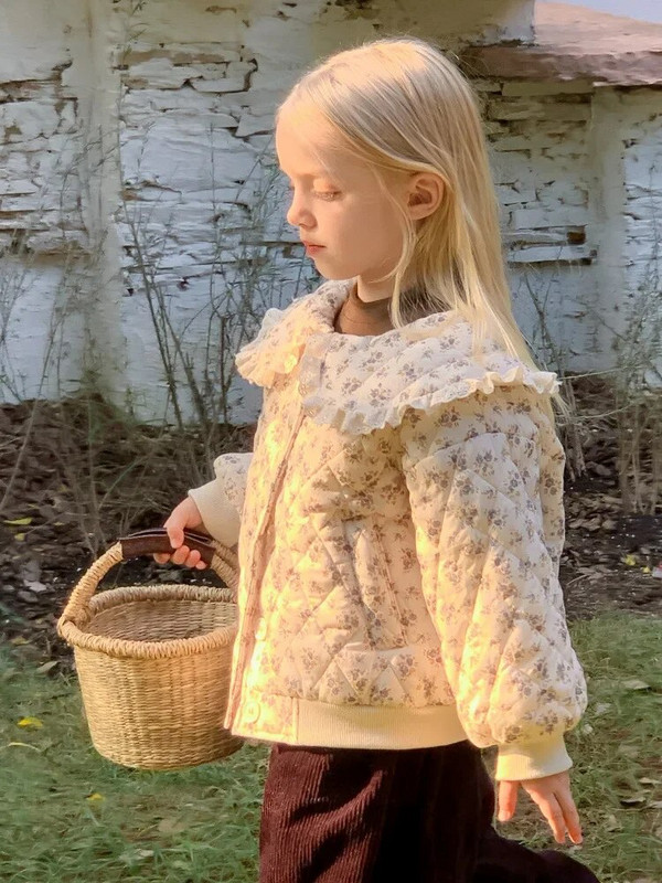 HoneyCherry dievčenské zimné nové módne prešívané bavlnené oblečenie, roztomilé kvetinové teplé bavlnené oblečenie