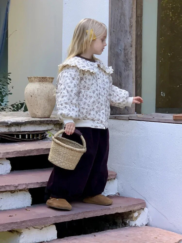 HoneyCherry dievčenské zimné nové módne prešívané bavlnené oblečenie, roztomilé kvetinové teplé bavlnené oblečenie