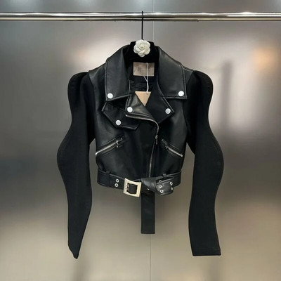 DEAT High Street 3D Ripple μακρυμάνικο παλτό μέσης για γυναίκες με φερμουάρ πέτο PU Δερμάτινο συνονθύλευμα μπουφάν 2023 Φθινόπωρο 11XX5607