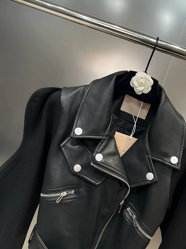 DEAT High Street 3D Ripple μακρυμάνικο παλτό μέσης για γυναίκες με φερμουάρ πέτο PU Δερμάτινο συνονθύλευμα μπουφάν 2023 Φθινόπωρο 11XX5607