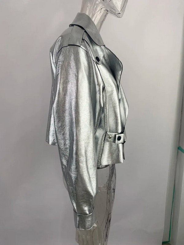 RR2767 Ezüst Túlméretezett műbőr dzsekik női bő őszi téli kabátok női PU bőr utcai motoros dzsekik