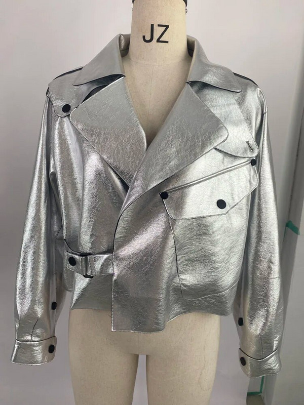 RR2767 Ezüst Túlméretezett műbőr dzsekik női bő őszi téli kabátok női PU bőr utcai motoros dzsekik