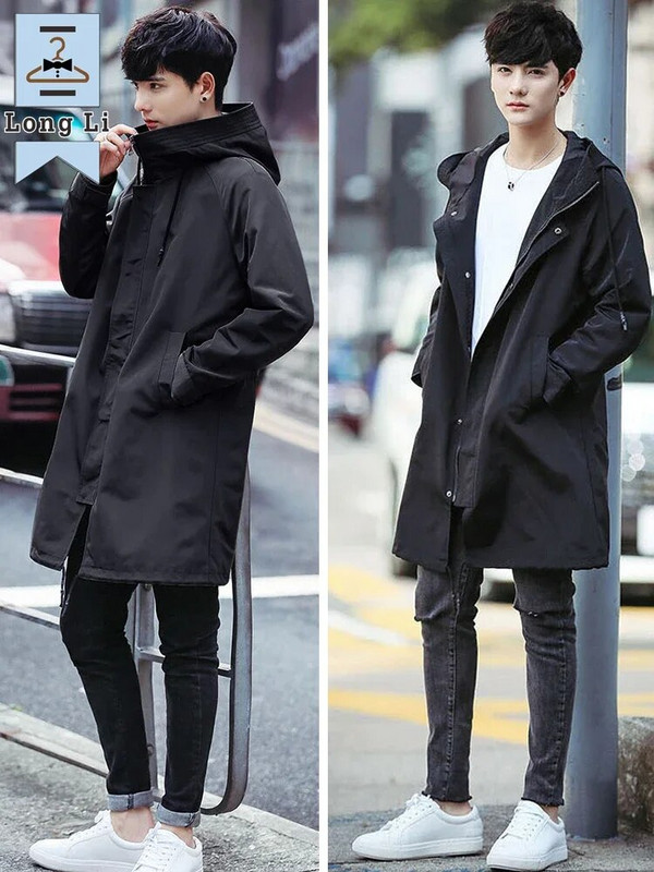Trench lung de primăvară, toamnă, pentru bărbați, la modă, cu glugă, pardesiu negru, jachete casual, mărime mare 6XL 7XL 8XL