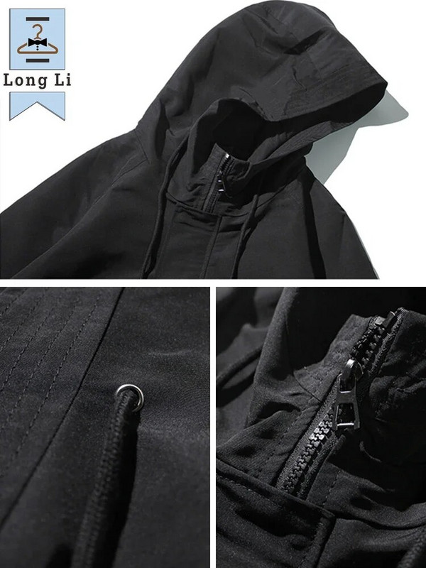 Trench lung de primăvară, toamnă, pentru bărbați, la modă, cu glugă, pardesiu negru, jachete casual, mărime mare 6XL 7XL 8XL