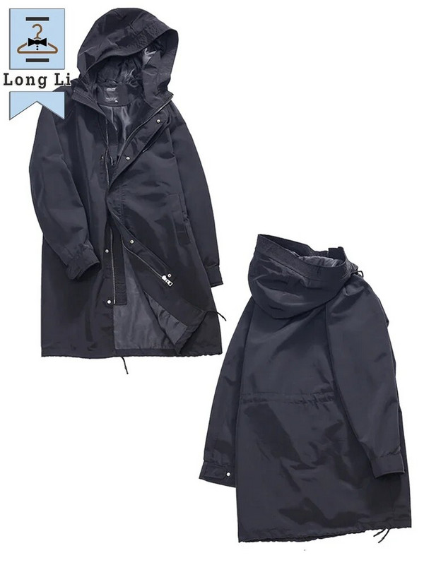 Trench lung de primăvară, toamnă, pentru bărbați, la modă, cu glugă, pardesiu negru, jachete casual, mărime mare 6XL 7XL 8XL