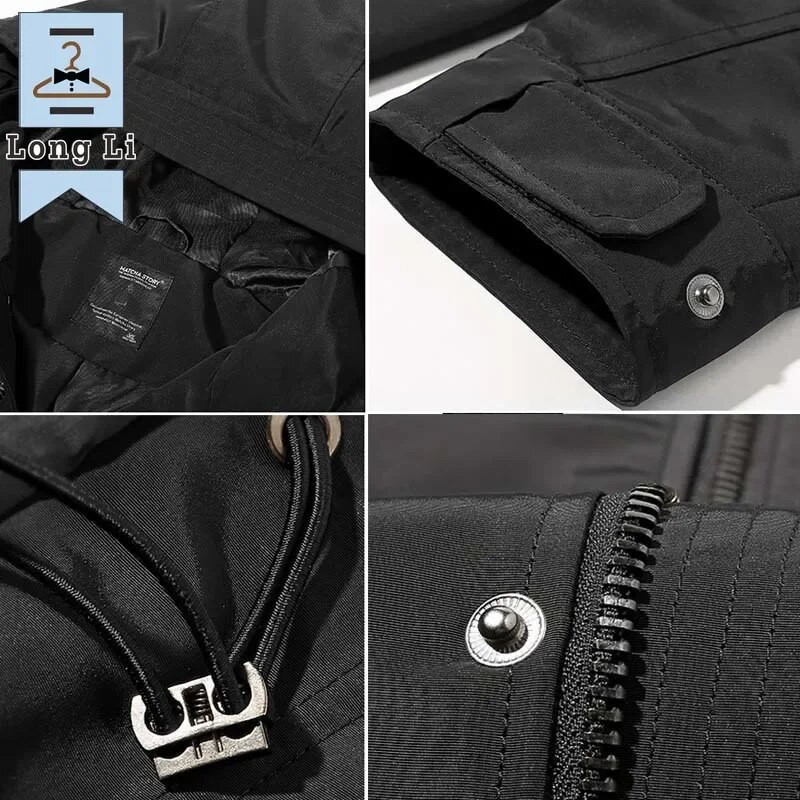 Trench lung de primăvară, toamnă, pentru bărbați, la modă, cu glugă, pardesiu negru, jachete casual, mărime mare 6XL 7XL 8XL