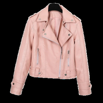Ново розово/бежово/черно дамско облекло, късо мотоциклетно яке от PU кожа, корейска версия на пролетните и есенните якета, палта