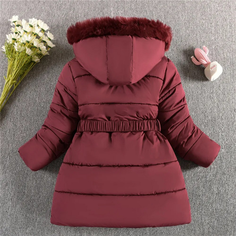 Nová zimná dievčenská bunda, zahusťovacia, udržiava teplá, módna princeznovská bunda s kapucňou, zipsom a kožušinovým golierom, dievčenské vrchné oblečenie na 5-12 rokov