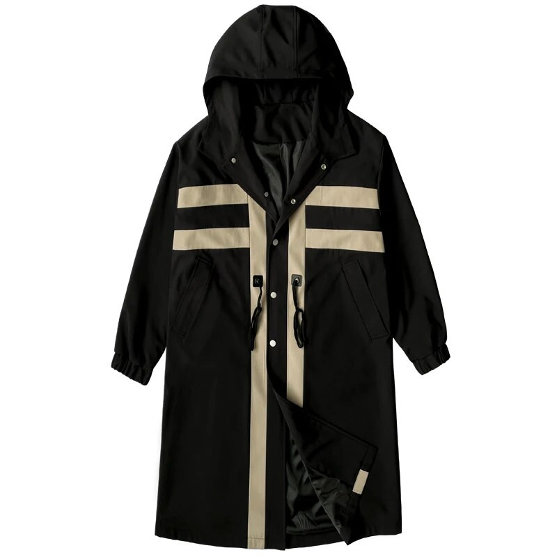 Új Trencskabát Férfi Széldzseki Patchwork Szín Közepes hosszú Trenchkabát Koreai Divat, Gombos Férfi Kapucnis kabát