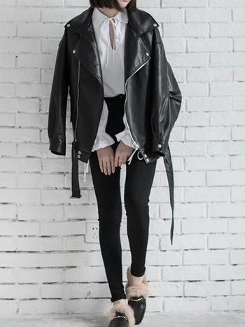 Aelegantmis Loose Γυναικείο Μπουφάν από μαλακό συνθετικό δέρμα με ζώνη Μαύρο Pu δερμάτινο μπουφάν Biker Lady Basic Coat Street Casual Outerwear