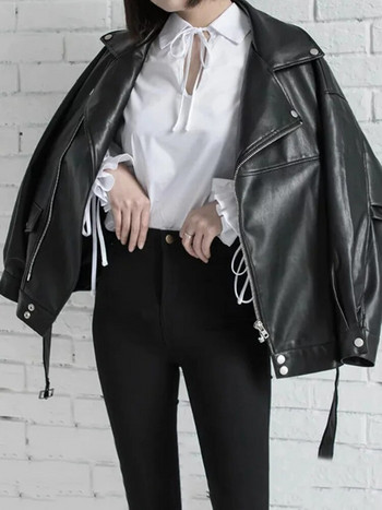 Aelegantmis Loose Γυναικείο Μπουφάν από μαλακό συνθετικό δέρμα με ζώνη Μαύρο Pu δερμάτινο μπουφάν Biker Lady Basic Coat Street Casual Outerwear