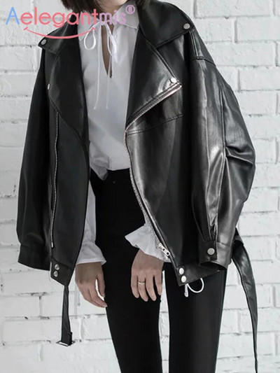 Aelegantmis Свободно дамско яке от мека изкуствена кожа с колан Черно велосипедно яке от изкуствена кожа Lady Basic Coat Street Casual Outerwear