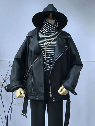 Aelegantmis Voľná dámska mäkká bunda z umelej kože s opaskom, čierna, pu kožená motorkárska bunda, dámsky základný kabát, ležérne vrchné oblečenie