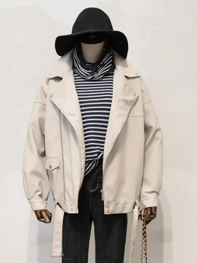 Aelegantmis Voľná dámska mäkká bunda z umelej kože s opaskom, čierna, pu kožená motorkárska bunda, dámsky základný kabát, ležérne vrchné oblečenie