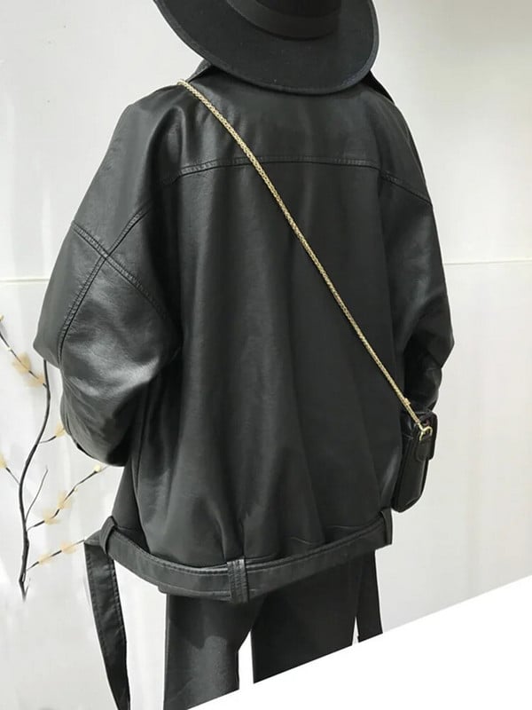 Aelegantmis Voľná dámska mäkká bunda z umelej kože s opaskom, čierna, pu kožená motorkárska bunda, dámsky základný kabát, ležérne vrchné oblečenie