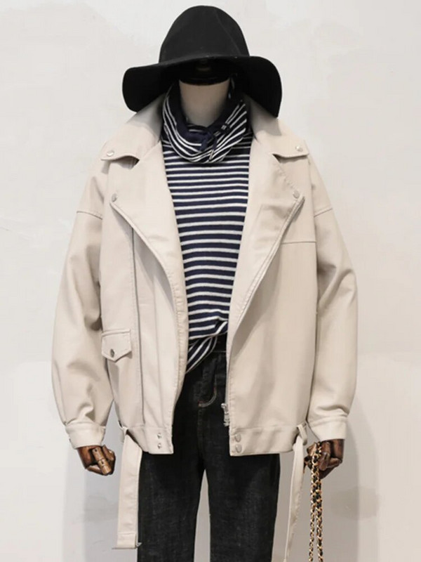 Aelegantmis Voľná dámska mäkká bunda z umelej kože s opaskom, čierna, pu kožená motorkárska bunda, dámsky základný kabát, ležérne vrchné oblečenie