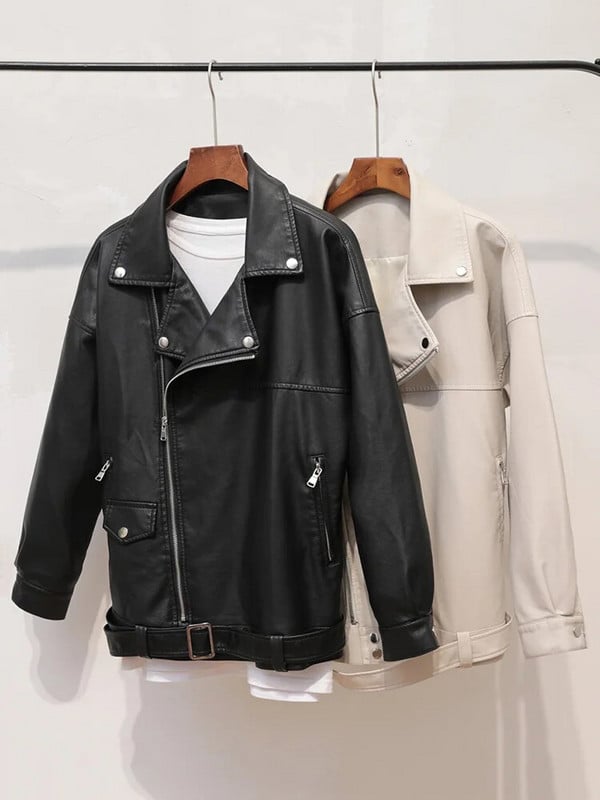 Aelegantmis Voľná dámska mäkká bunda z umelej kože s opaskom, čierna, pu kožená motorkárska bunda, dámsky základný kabát, ležérne vrchné oblečenie