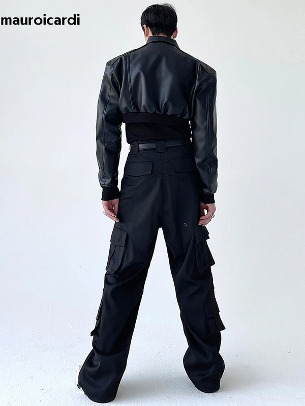 Mauroicardi primăvară toamnă decupată jachetă din piele PU bărbați cu mânecă lungă cu fermoar haine de lux de designer pista Moda europeană 2023