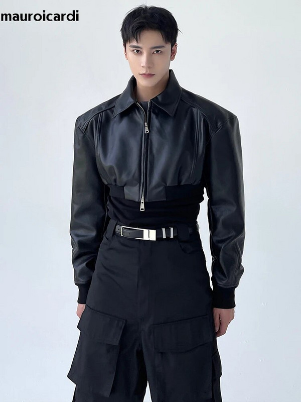 Mauroicardi primăvară toamnă decupată jachetă din piele PU bărbați cu mânecă lungă cu fermoar haine de lux de designer pista Moda europeană 2023