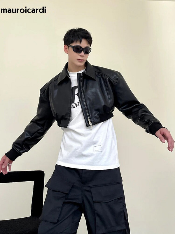 Mauroicardi primăvară toamnă decupată jachetă din piele PU bărbați cu mânecă lungă cu fermoar haine de lux de designer pista Moda europeană 2023