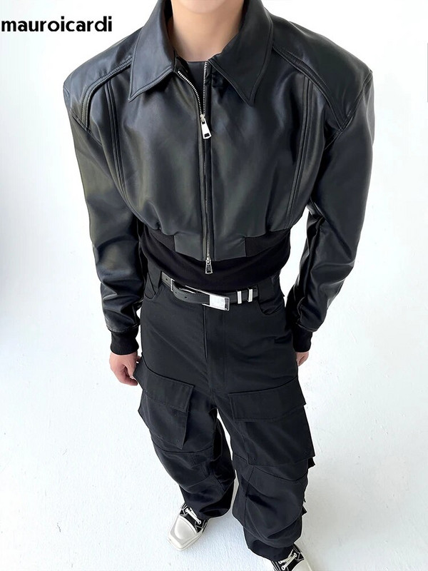 Mauroicardi primăvară toamnă decupată jachetă din piele PU bărbați cu mânecă lungă cu fermoar haine de lux de designer pista Moda europeană 2023