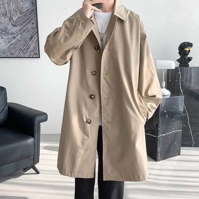Trenci pentru bărbați Trench lung la modă Bărbați Culoare uni Un singur piept largi Casual Trench Bărbat Streetwear Plus Size M-5XL