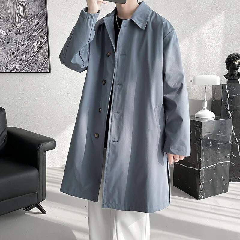 Trenci pentru bărbați Trench lung la modă Bărbați Culoare uni Un singur piept largi Casual Trench Bărbat Streetwear Plus Size M-5XL