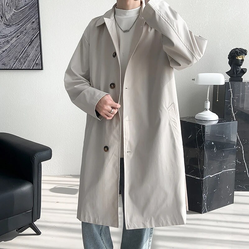 Trenci pentru bărbați Trench lung la modă Bărbați Culoare uni Un singur piept largi Casual Trench Bărbat Streetwear Plus Size M-5XL