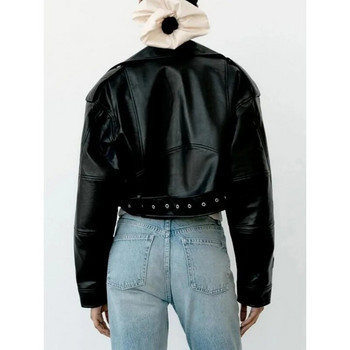Γυναικεία Vintage Loose Pu Faux δερμάτινο κοντό μπουφάν με ζώνη Streetwear Γυναικεία φερμουάρ Retro Moto Biker Coat outwear tops