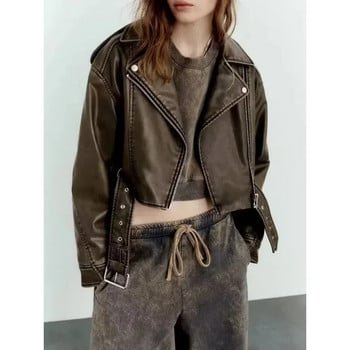 Γυναικεία Vintage Loose Pu Faux δερμάτινο κοντό μπουφάν με ζώνη Streetwear Γυναικεία φερμουάρ Retro Moto Biker Coat outwear tops