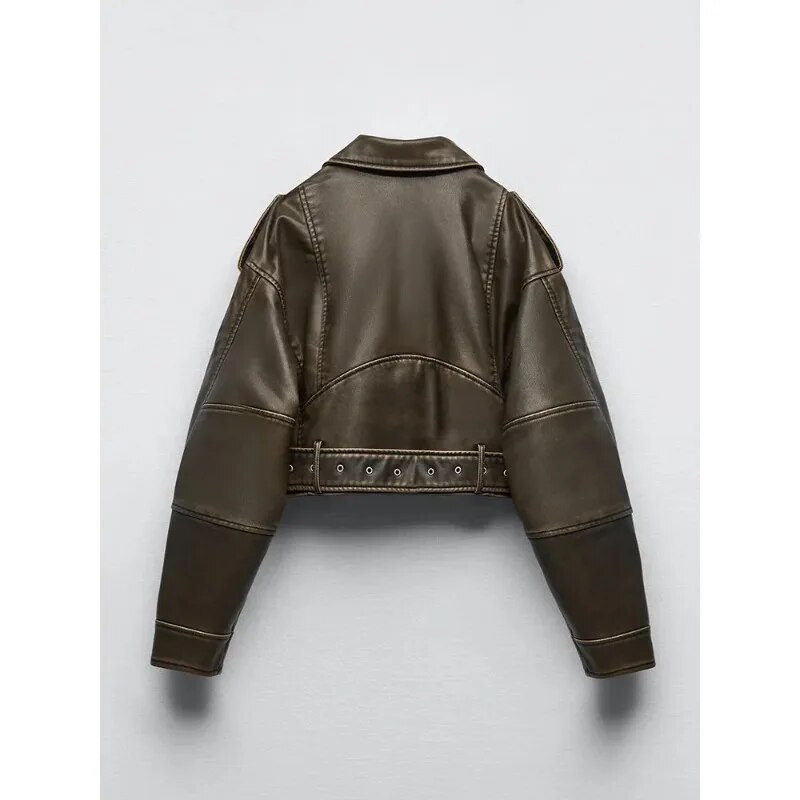 Dámska vintage voľná krátka bunda z umelej kože s opaskom, streetwear, dámsky zips, retro motocykel, motorkársky kabát, vrchné oblečenie