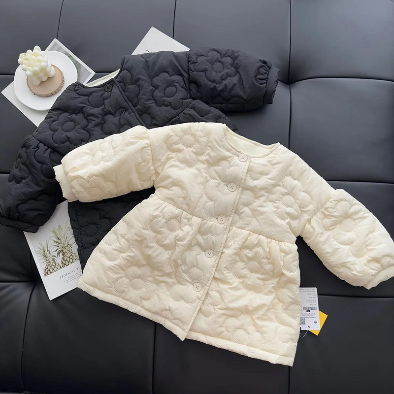 Jachetă de pluș pentru fete, iarnă 2023, sacou din bumbac cu mâneci cu bule de lungime medie, îngroșat, floare coreeană pentru copii