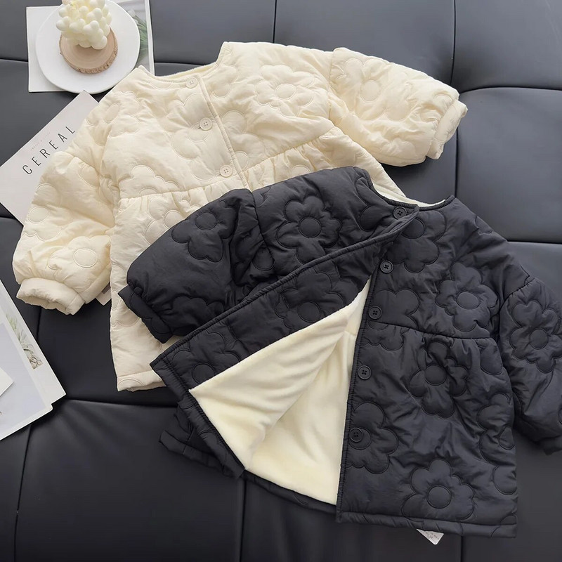Jachetă de pluș pentru fete, iarnă 2023, sacou din bumbac cu mâneci cu bule de lungime medie, îngroșat, floare coreeană pentru copii