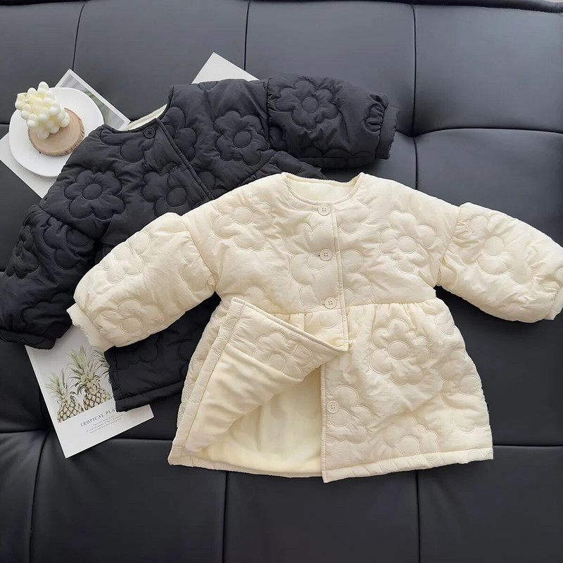 Jachetă de pluș pentru fete, iarnă 2023, sacou din bumbac cu mâneci cu bule de lungime medie, îngroșat, floare coreeană pentru copii