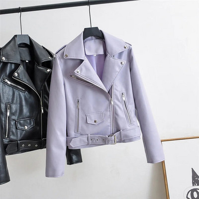 T MODA 2023 kevad-sügis Pu kunstnahast jope Naiste lilla tõmblukuga õhuke lühike biker-joped Mantel Naiste välisrõivad Veste Femme