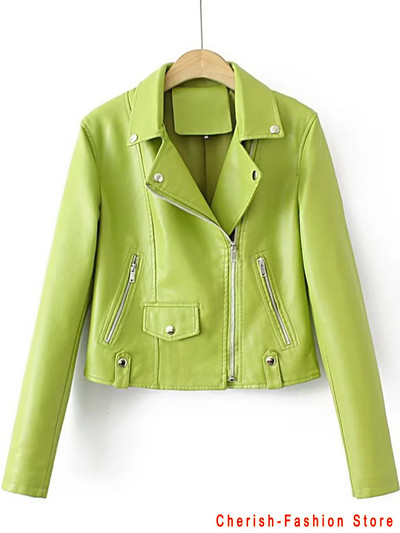 Módna zelená gekónová motorkárska kožená bunda s dlhým rukávom a zipsom, štýlové vrchné oblečenie pre ženy, módna bunda z umelej kože 2023