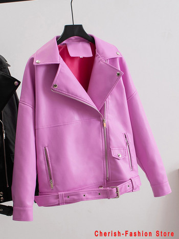 Яке от PU изкуствена кожа Дамски свободни пояси Ежедневни якета за велосипедисти Горни дрехи Дамски горнище BF Style Черно кожено яке Палто Розов цвят
