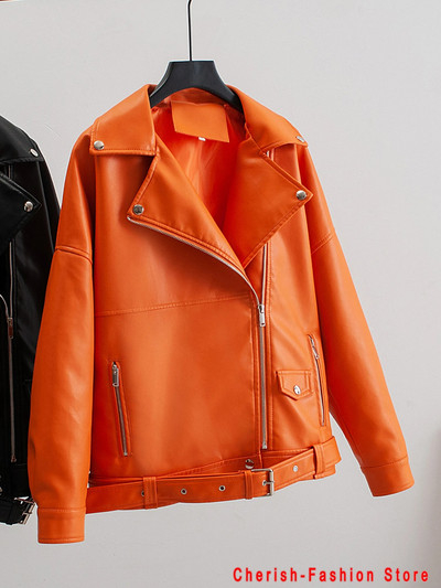 PU dirbtinės odos striukė Moteriškos laisvos varčios Laisvalaikio dviratininkų striukės Viršutiniai drabužiai Moteriški viršutiniai drabužiai BF stiliaus juoda odinė striukė Kailis Rožinė spalva