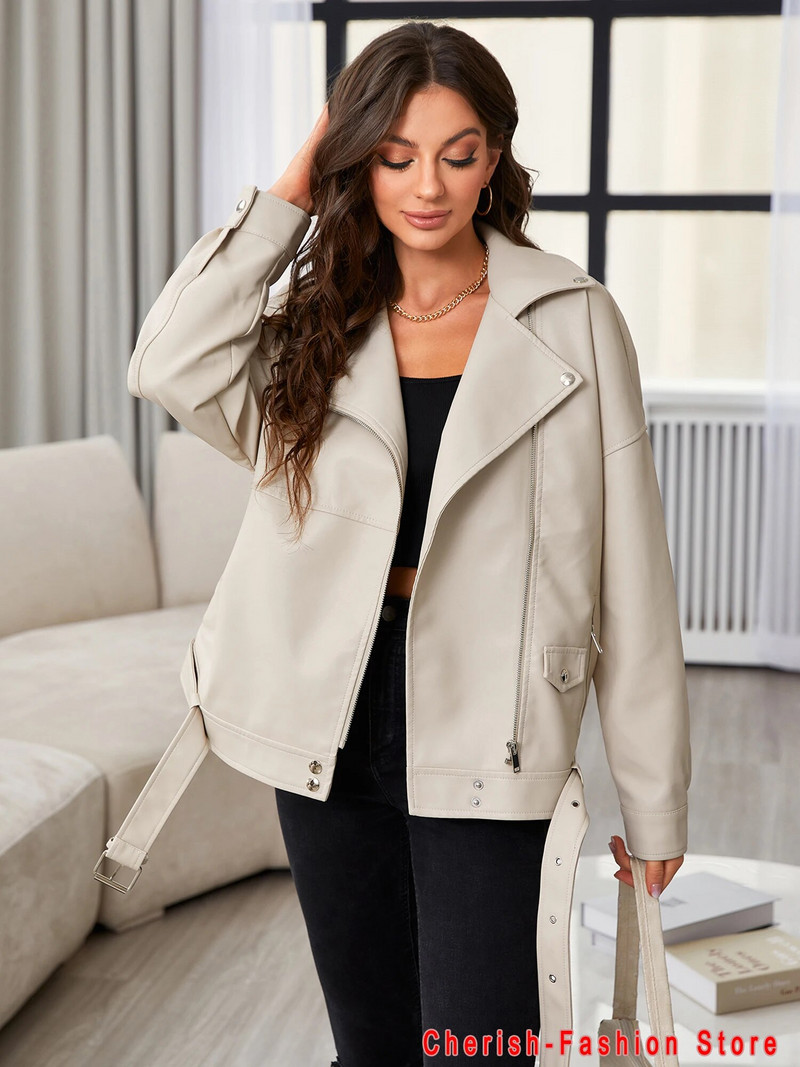 PU dirbtinės odos striukė Moteriškos laisvos varčios Laisvalaikio dviratininkų striukės Viršutiniai drabužiai Moteriški viršutiniai drabužiai BF stiliaus juoda odinė striukė Kailis Rožinė spalva