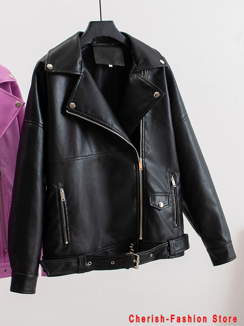 PU dirbtinės odos striukė Moteriškos laisvos varčios Laisvalaikio dviratininkų striukės Viršutiniai drabužiai Moteriški viršutiniai drabužiai BF stiliaus juoda odinė striukė Kailis Rožinė spalva