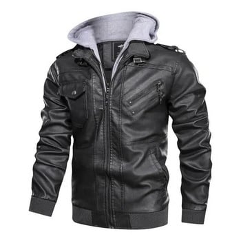 Wepbel Biker\'s Leather Jacket Мъжко яке с цип Pu Jacket Есенна сваляща се шапка Ежедневни кожени дрехи с качулка Есенно палто Locomotive