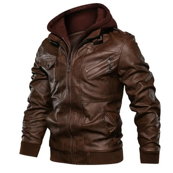 Wepbel Biker\'s Leather Jacket Мъжко яке с цип Pu Jacket Есенна сваляща се шапка Ежедневни кожени дрехи с качулка Есенно палто Locomotive