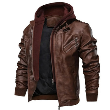 Wepbel Biker\'s Leather Jacket Мъжко яке с цип Pu Jacket Есенна сваляща се шапка Ежедневни кожени дрехи с качулка Есенно палто Locomotive