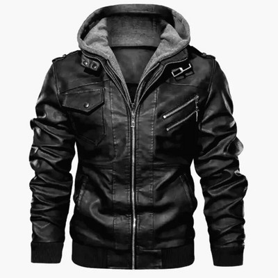 Wepbel Biker`s Leather Jacket Ανδρικό φερμουάρ Pu Jacket Φθινοπωρινό αποσπώμενο καπέλο Casual Δερμάτινα Ρούχα με κουκούλα Φθινοπωρινό παλτό Locomotive