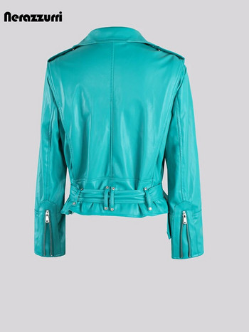 Nerazzurri Ανοιξιάτικο Φθινόπωρο Κοντό Υπερμεγέθη Cool Chic Soft Green Pu Leather Moto & Biker Jacket Γυναικεία ζώνη με φερμουάρ Μόδα πασαρέλας