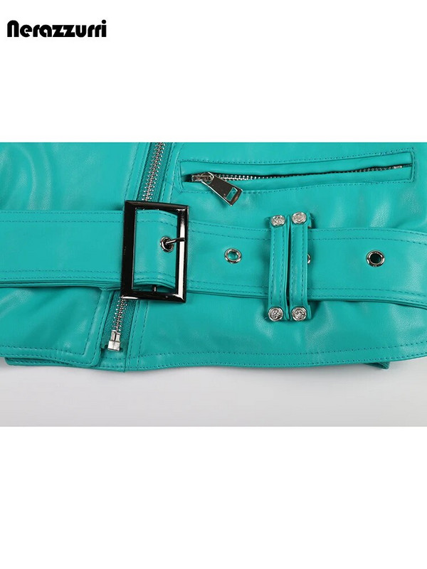 Nerazzurri kevad-sügis lühike, ülisuur lahe šikk pehme roheline pu-nahast moto- ja rattajope Naiste tõmblukuga vöö rajamood